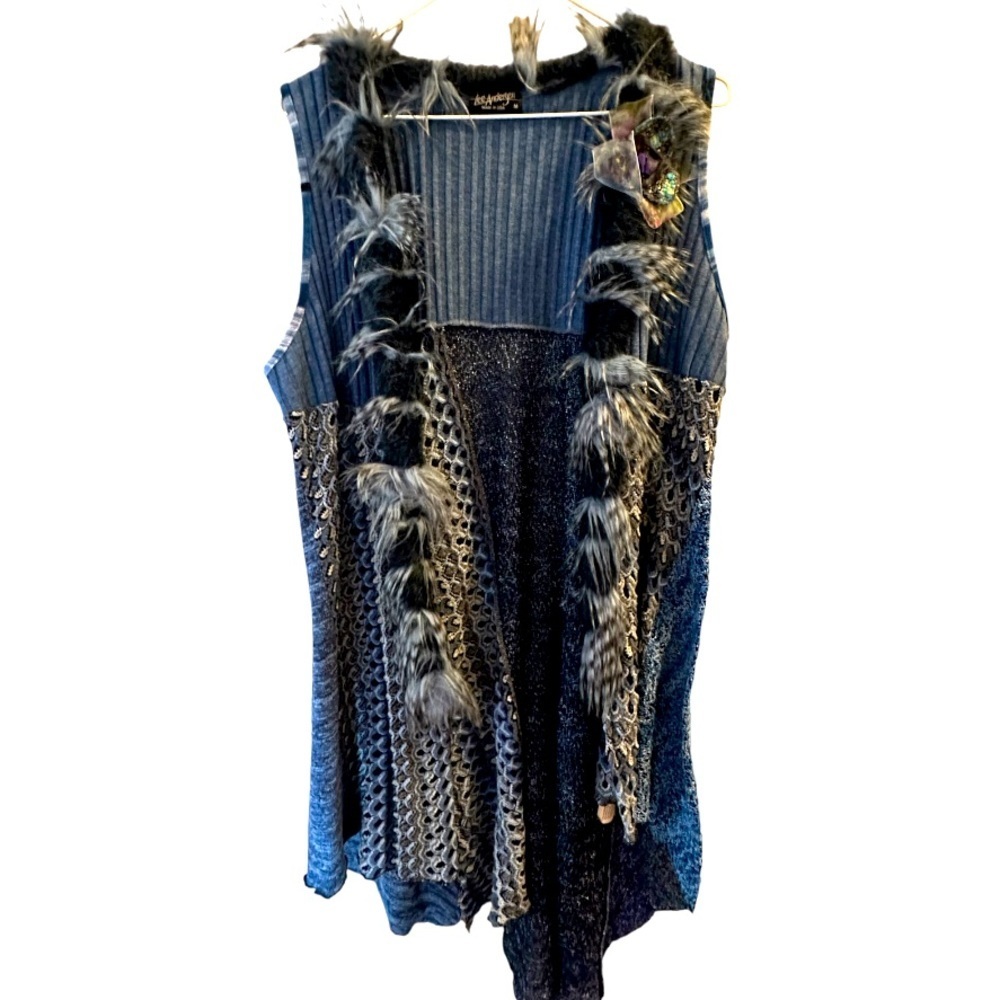 Boho Faux-Fur Trim Sleeveless Tunic Vest - Blue